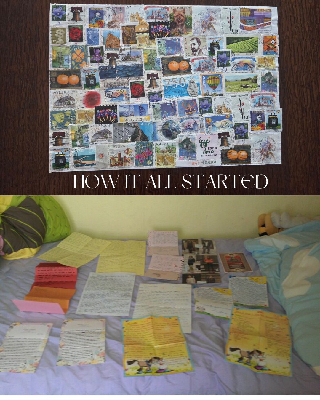 Stamp collage and a bed with letters on it with the text 'How it all started'